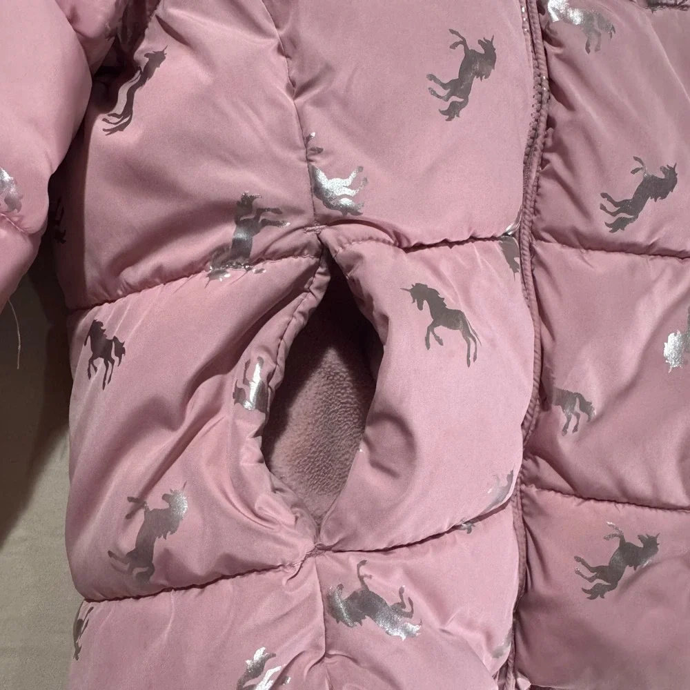The Childrens Place Puffer Jacket Kids 5/6 Pink Excellent Unicorn Foil Print